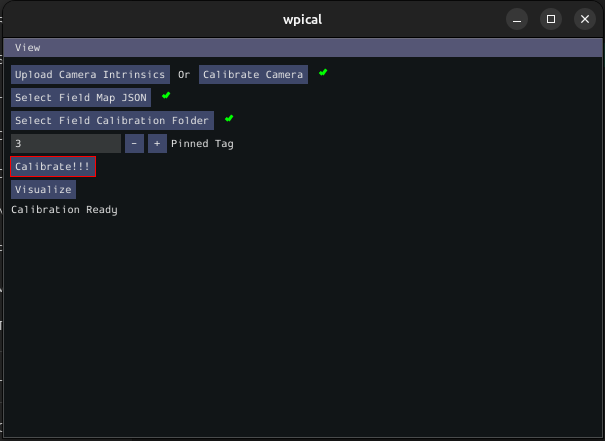 WPIcal image with the calibrate!!! button highlighted.