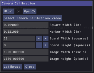 Camera calibration window with MRcal options filled in.
