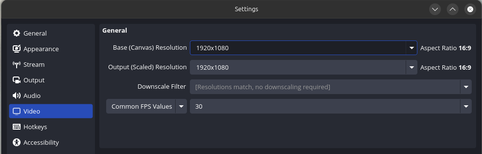 OBS video settings screenshot showing proper resolution settings.