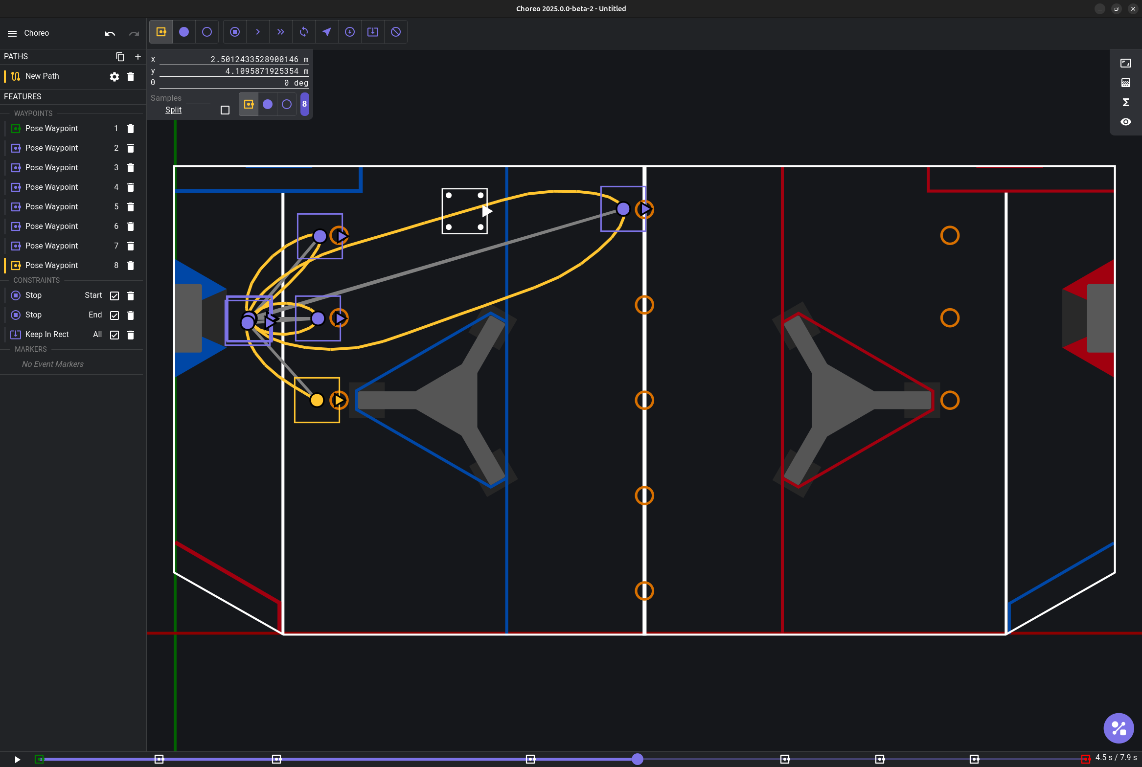 Screenshot of Choreo showing the 2024 FRC field with a trajectory plotted on it