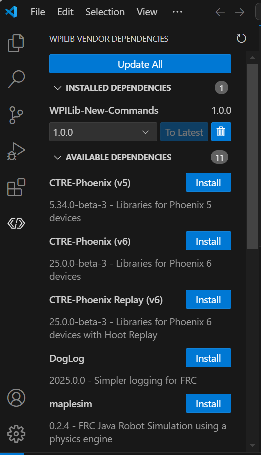The interface of the Dependency Manager with the installed vendordeps at the top and a list of available vendordeps below it.