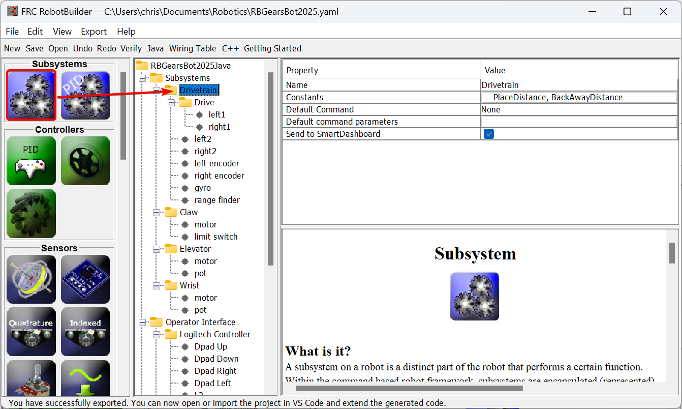 Dragging subsystem from palette to tree