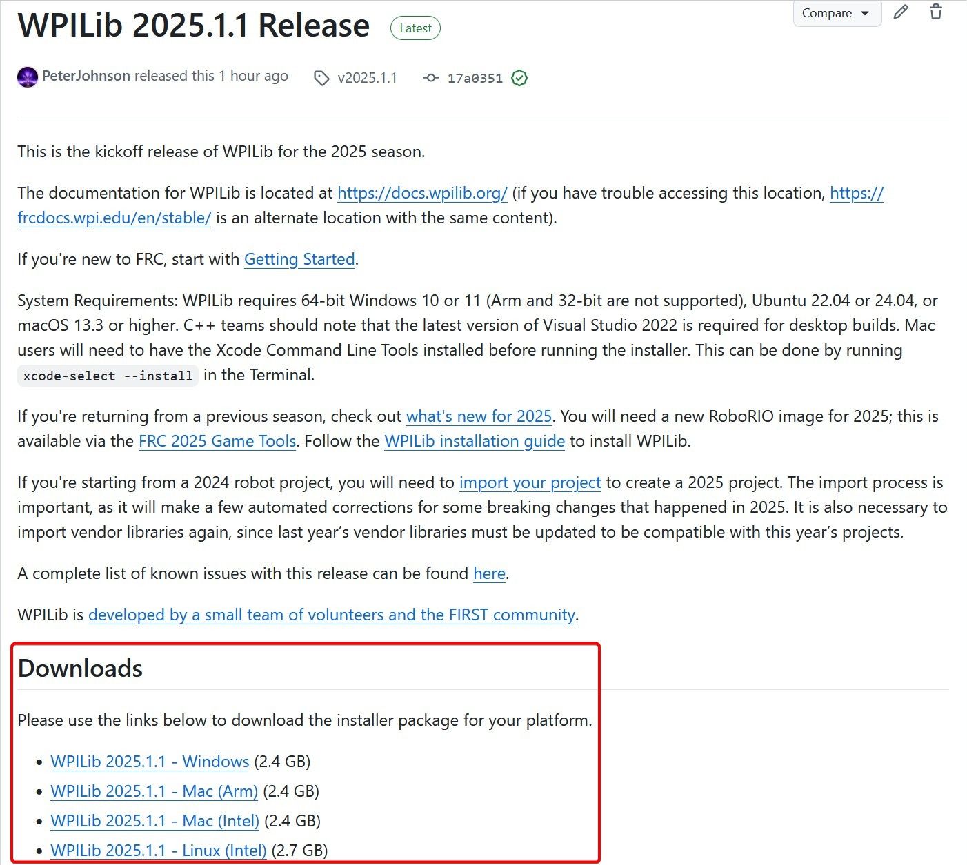 Latest WPILib release page on GitHub