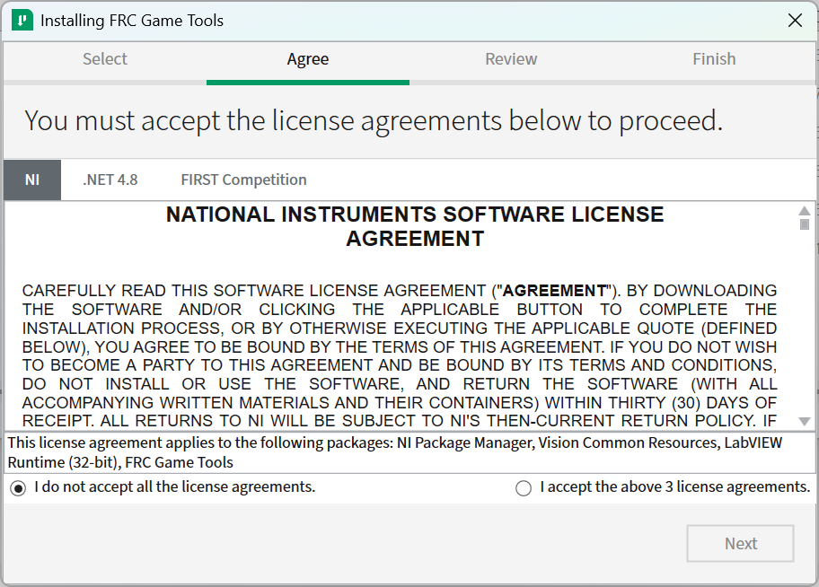 Accept the NI software license agreement.