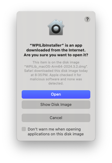 Warning about WPILibInstaller being downloaded from the internet
