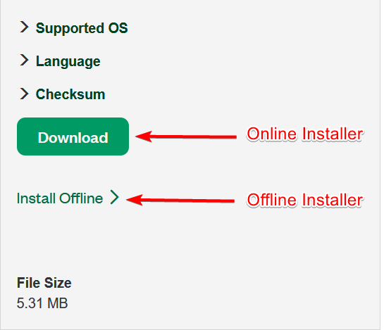 The Download button for the NI installer with the offline installer link below it.
