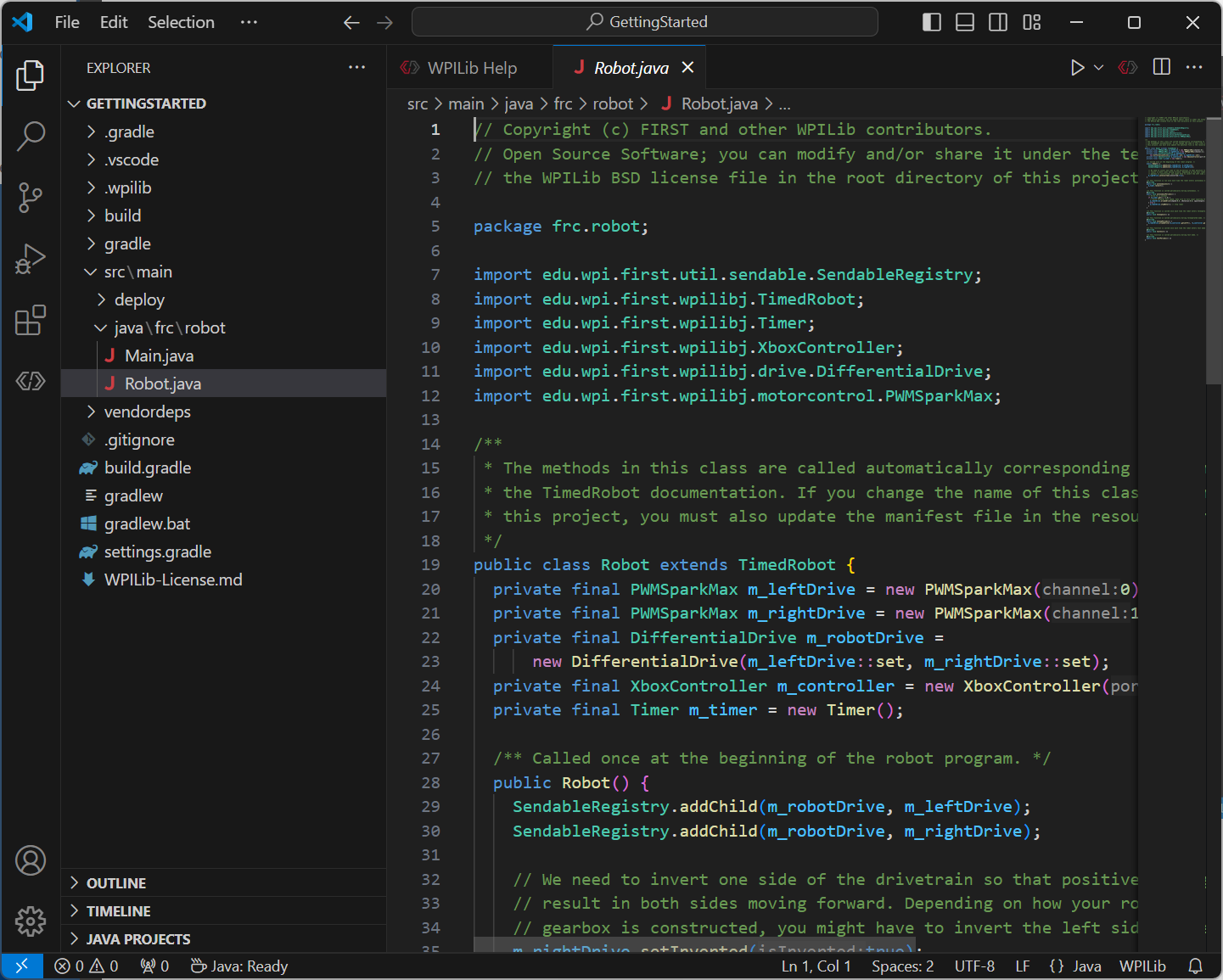 The robot.java code shown after opening a new project.